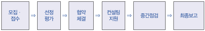 모집·접수 → 선정 평가 → 협약 체결 → 컨설팅 지원 → 중간점검 → 최종보고
