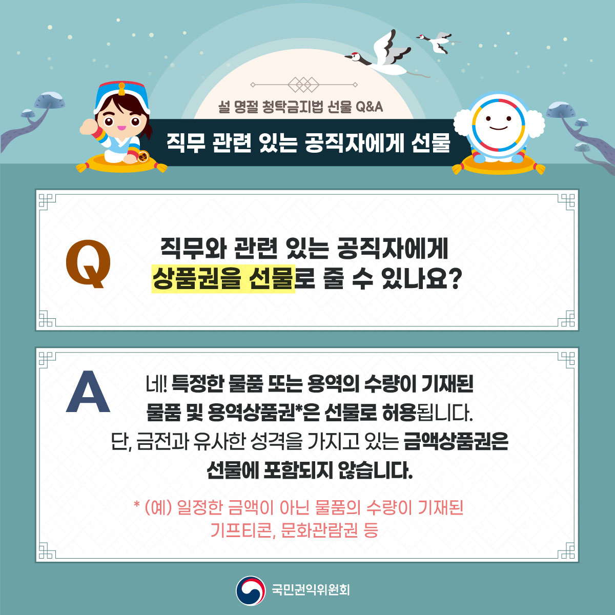 설명절 청탁금지법 선물 Q&A
직무관련 있는 공직자에게 선물
직무와 관련 있는 공직자에게
상품권을 선물로 줄수 있나요?
네! 특정한 물품 또는 용역의 수량이 기재된
물풀 및 용역상품권*은 선물로 허용됩니다.
단, 금전과 유사한 성격을 가지고 있는 금액상품권은
선물에 포함되지 않습니다.
* (예) 일정한 금액이 아닌 물품의 수량이 기재된
기프티콘, 문화관람권 등
